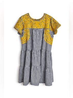 Sister Mary Gingham Dress XL Yellow Embroidered Floral Boho Tiered Cotton